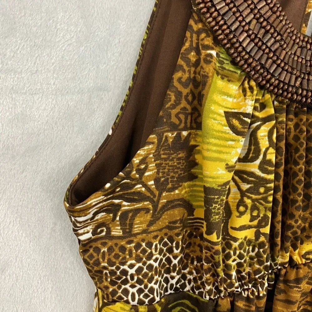 R&K Originals Beaded Tribal Halter Dress Womens 6 Brown Tropical Floral‎ NWT NEW
